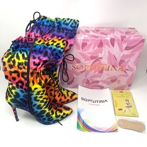 SOPHITINA Thigh High Rainbow Boots Stretchy Pointed Toe High Heels Boots Size 36